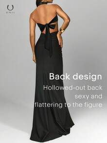 黑色高领露背连衣裙，金属扣褶皱设计修身鱼尾礼服，高端派对礼服 - 黑色 - 查看 3