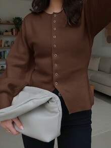 女士秋冬新款法式浪漫休闲百搭简约优雅针织开衫 - 咖啡棕 - 查看 1