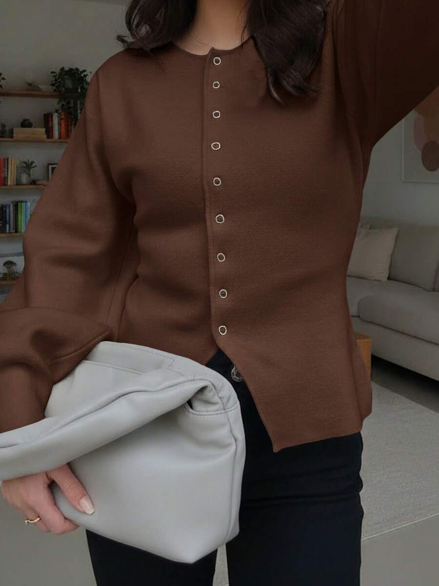 女士秋冬新款法式浪漫休闲百搭简约优雅针织开衫 - 咖啡棕 - 查看 1
