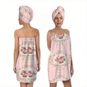 2 piezas Albornoces vintage rosa y dorado con rosas, de estilo elegante palaciego, hechos de tela suave y absorbente, sin tirantes con cintura elástica, con base a rayas rosas + borde con patrón de rollo retro y decoración de rosas 3D, de secado rápido y fácil de usar, adecuados para el baño, uso doméstico o como regalo del Día de la Madre para mejorar la comodidad y la elegancia real