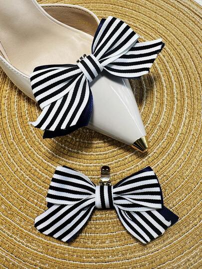 2pcs Elegant Unique Navy Blue Striped Bow Shoe Clips, Suitable For Clogs, Bubble Slippers, Flip Flops, Detachable Beach Bag Accessory, Birthday, Christmas, Halloween Party Small Gift