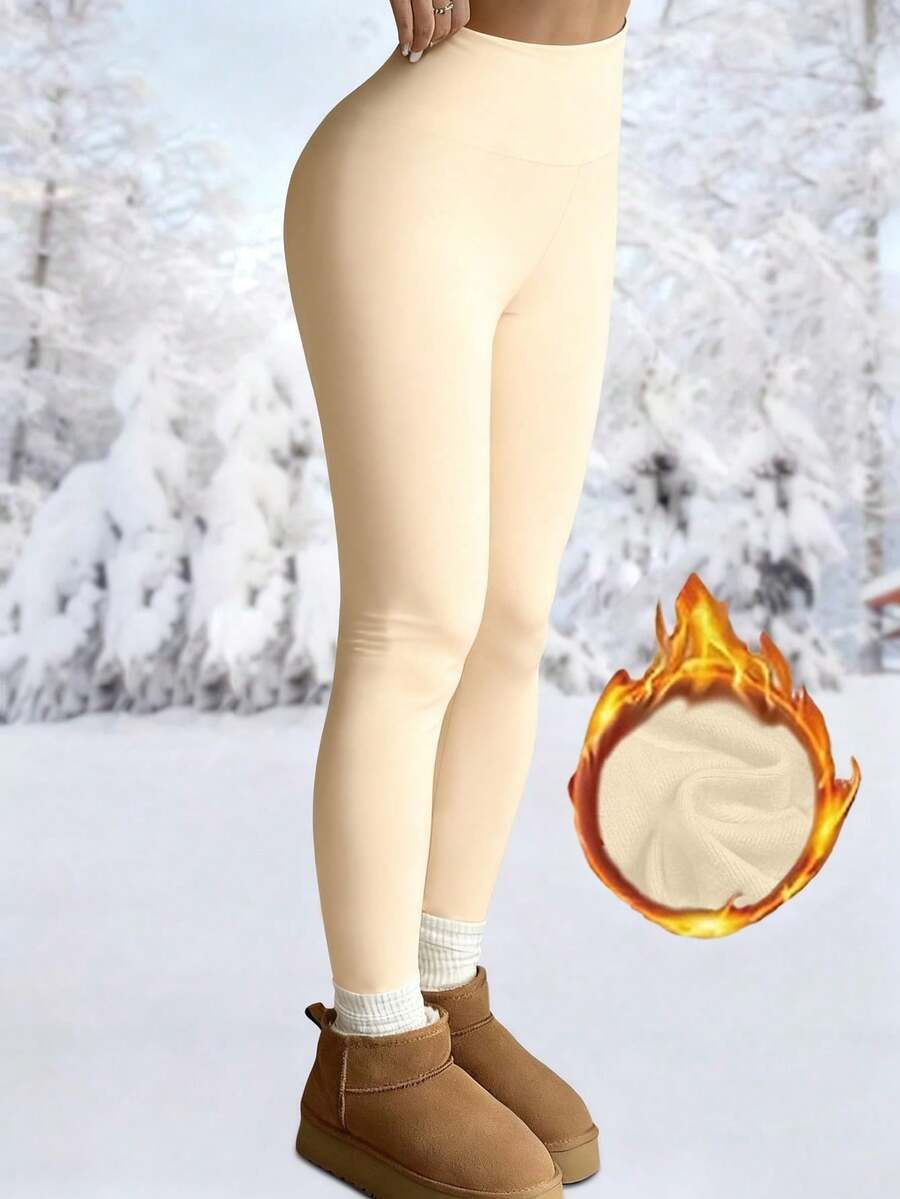 女士纯色高腰紧身裤，健身紧身裤，柔软瑜伽裤，女装，女士紧身裤 - 杏色 - 查看 1