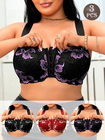 LRNG XMNG EA 3pcs Plus Size Front Closure Embroidered Women's Bras, Embroidered Comfortable Front Closure Sexy Women's Bras, Comfortable For Daily Use, Solid Color No Side Bulge, Women's Bras
