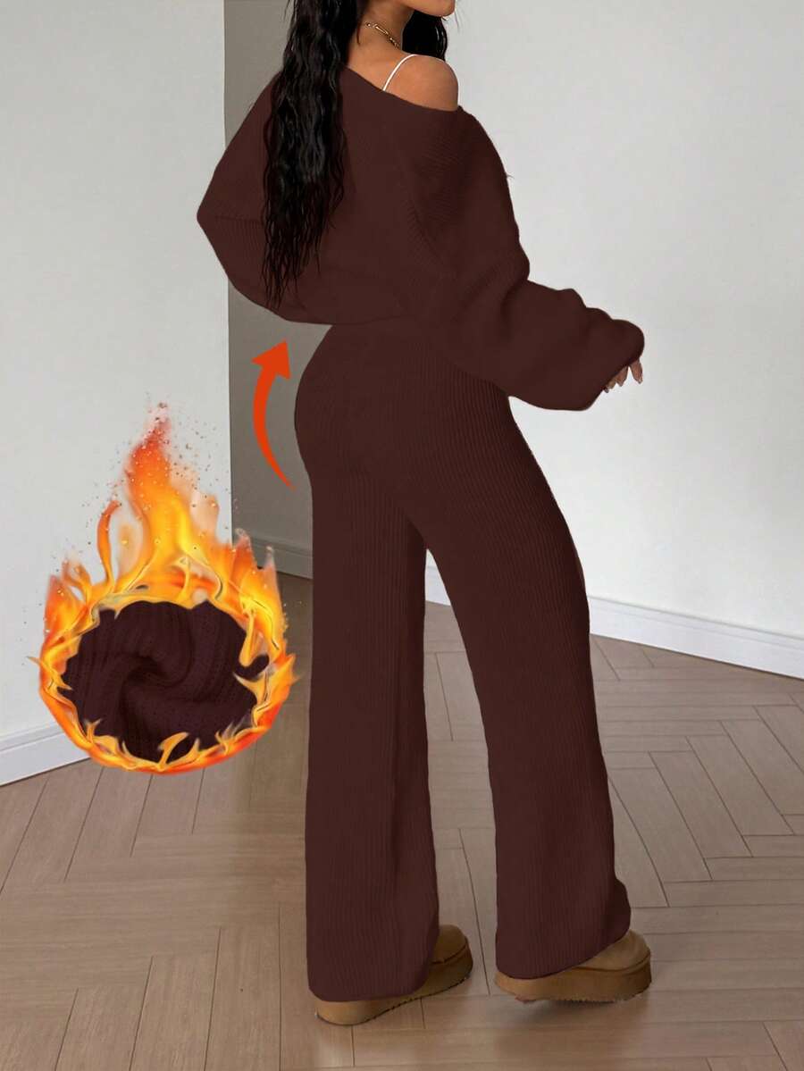 女士休闲可爱开衫针织衫上衣针织裤套装家居居家服舒适时尚秋冬外出穿搭 - 棕色 - 查看 1