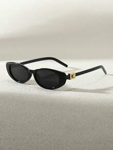 1pc Metal Frame Y2K Oval Fashion Glasses, Fashionable For Women, Summer Beach - Black - View 5