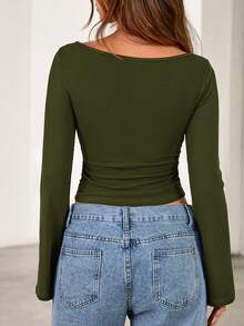 Fall New Arrival Women's Long-Sleeve Top Crop-Top Style Casual Outerwear Boat Neck With Bell Sleeves Ribbed Pleated Design Millennial-Inspired Fashion - 軍綠色 - 查看 2