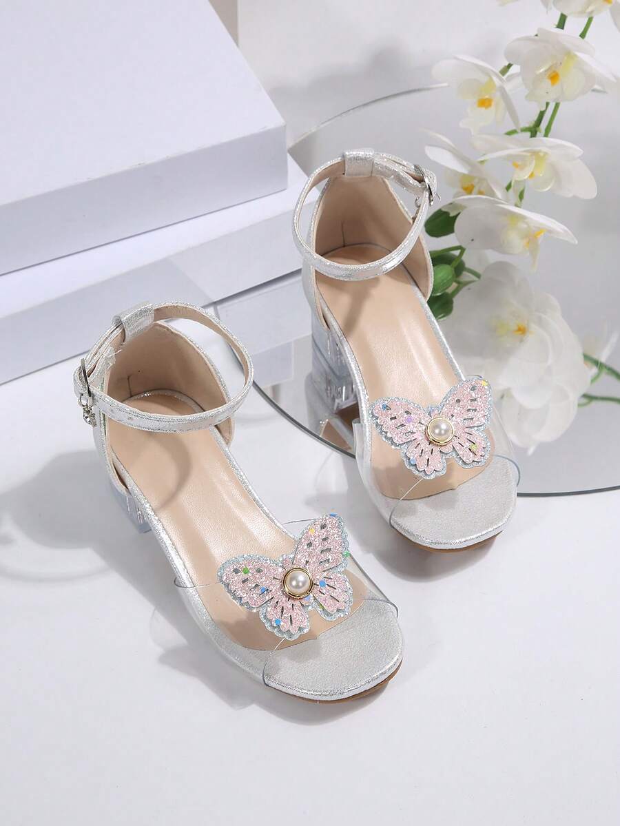 1 par de sandalias de tacón alto de moda para niños 2026, con diseño de mariposa de rhinestone, estilo princesa, sandalias casuales bohemias adecuadas para vacaciones, fiestas y bodas - Plateado - Ver 1