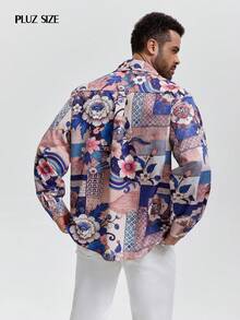 1pc Men's Printed Lapel Single-Breasted Long Sleeve Casual Shirt, Fashionable Plus Size Vacation Shirt, Elegant Party Attire - Multicolor - View 2