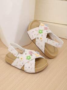 1 Pair Girls Cute Floral Open Toe Beach Sandals, Criss-Cross Strap Flat Casual Slip-On Slippers - Apricot - View 3