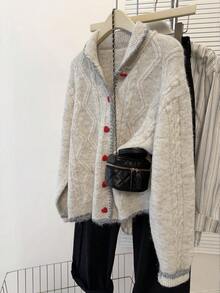 JIANHU 甜心纽扣针织开衫，复古麻花毛衣，适合圣诞节和冬季礼物 - 杏色 - 查看 7