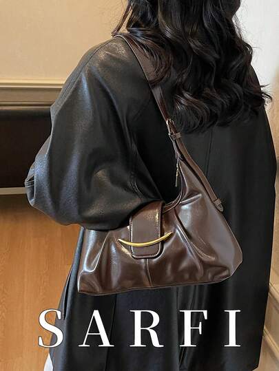 Modern Minimalist High-End Women's Shoulder Bag With Metal Accessories; Fashionable Niche Pleated Design Shoulder/Underarm Bag; New Autumn/Winter Coffee-Colored Adjustable Strap Handbag, Suitable For College Students Daily Shopping, Lightweight