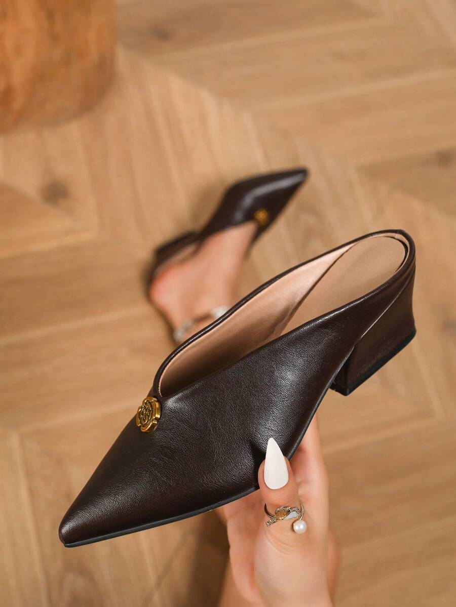 Classic Spring/Autumn Fashion Pointed Toe Slip-On Mules With Camellia Button Decor, Chunky Heel, Elegant & Comfortable For Work, Casual, Vacation, Coffee Brown High Heel Pumps In Textured PU Leather - Coffee Brown - View 1