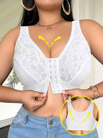 女士白色全覆盖前扣式文胸，轻薄、舒适、透气、无钢圈、加大码内衣，适合运动、休闲和家居穿着，背部加固，比上衣更结实