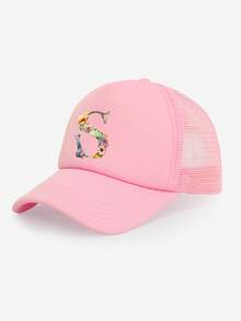 1pc Girls' Colorful Floral & Letter Decor Breathable Mesh Baseball Cap, 26 Letters Customizable, Sweet & Fresh , Lightweight Perforated Design, Suitable For Spring/Summer, Casual, School, Birthday, Holiday Gift - Pink - View 11