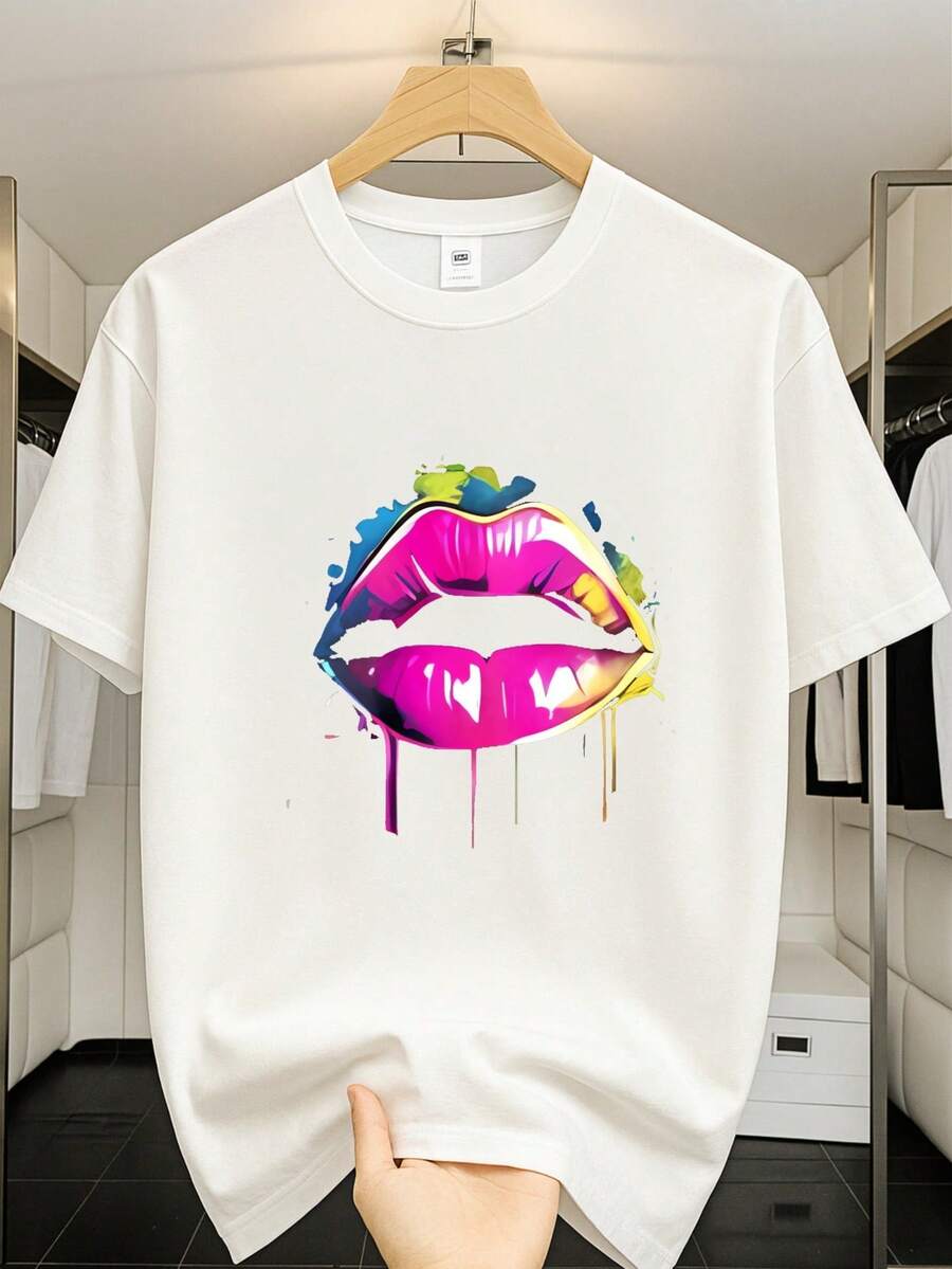Men's Graphic Tees, Oversized T Shirt Men, Lip - Print 100 Percent Cotton Tee For Fall, Comfortable And Breathable - 白色 - 查看 1