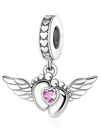 HuooNew A Heartwarming 925 Sterling Silver Pendant With Bead Charms, Silver Jewelry, Suitable For Daily Wear. Features Include Small And Large Footprints, Wings, Hearts, Making It An Ideal Birthday Gift Or Mother's Day Present,Inlaid Zirconia