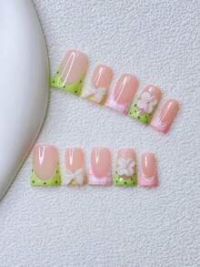 10片装Y2K风鸭嘴美甲贴片套装 - 手工制作，绿色美甲贴片，黄色美甲贴片，绿黄法式美甲贴片，手工3D花朵，手绘绿色波点粉色条纹蕾丝设计美甲用品 - 彩色 - 查看 1