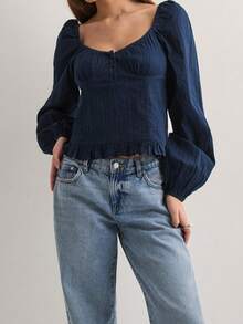 Women's Autumn Casual Tops Long Puff Sleeve Scoop Neck Solid Color Button Up T-Shirt - Blue - View 4