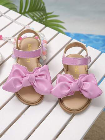 1 Pair Little Princess Bow Decor Casual Versatile Children Flat Sandals, Soft & Comfortable Hook And Loop Closure, Suitable For Summer