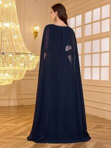 SUPGIR Women's Square Neck Dolman Sleeve Waist Cinched Luxurious Jewel Embroidered Ruffle Hem Split Hem Evening Gown - Navy Blue - View 2