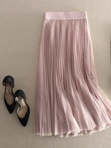 LuminousWealth Women's Elegant Pleated Mesh A-Line Skirt, Suitable For Casual Or Office Wear, Minimalist & Graceful | Polyester Mesh Skirt, Suitable For All Seasons, Great For New Year, Parties - Pink - View 3