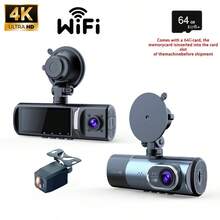 4K 高清行车记录仪带 WIFI 功能，前/中/后 3 个摄像头，广角汽车行车记录仪，带夜视功能的车载摄像头，停车监控循环记录应用程序，G 传感器，运动检测，包含 64GB 存储卡，内置 150mAh 锂电池 - A - 查看 10