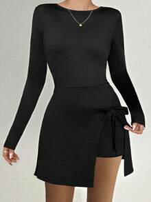 Women's New Black Round Neck Long Sleeve Backless Deep V-Neck 2-In-1 Jumpsuit With Drawstring, Built-In Shorts, Minimalist Elegant Fashion Casual Yoga Baseball Fitness Street Running Jumpsuit, Autumn/Winter - Black - View 2