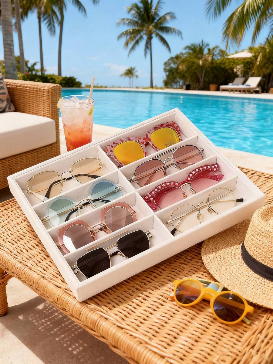 8-Slot Velvet Sunglasses & Jewelry Display Tray - Eyeglasses, Watch And Jewelry Storage Box - Unisex (8 Grids), 8 Grid Velvet Sunglasses And Jewelry Storage Tray, Polyester Fabric Eyeglasses And Accessories - Tray - View 1