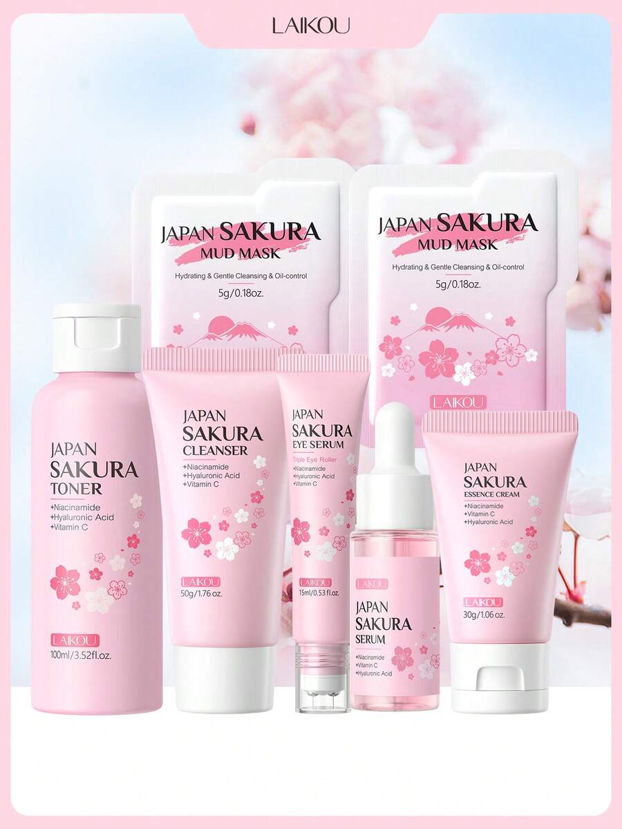 LAIKOU 日本樱花保湿护肤礼盒（日本樱花泥面膜 5g*2，日本樱花洁面泡沫 50g，日本樱花爽肤水 100ml，日本樱花精华液 17ml，日本樱花眼部精华液 15ml，日本樱花保湿霜 30g），保湿舒缓护肤礼盒，深层滋养护肤礼品袋，适合旅行、露营、徒步、登山、户外活动。 - 5件套送泥膜 - 查看 1