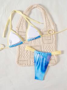Bộ bikini Suntide với họa tiết bầu trời xanh và viền tương phản, cúp ngực tam giác, đồ bơi hai mảnh dành cho nữ, thích hợp cho kỳ nghỉ biển. - Màu xanh nhạt - Xem 2