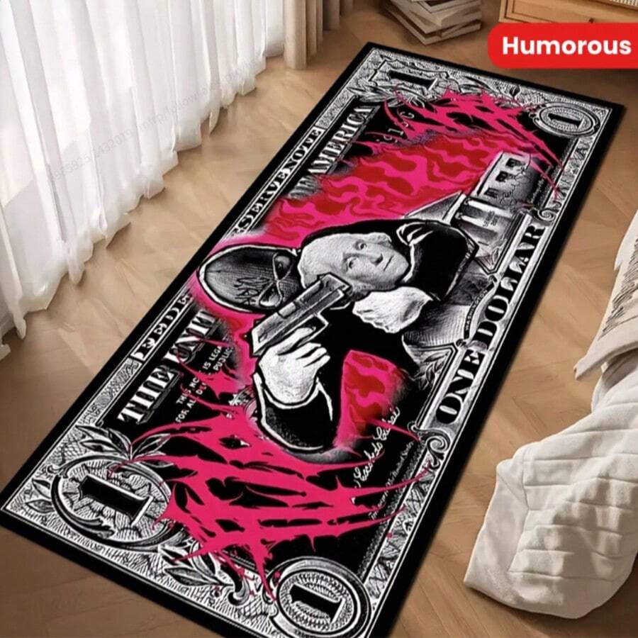100% Polyester Gangsta Dollar Design Knitted Carpet - Washable Non-Slip Rectangular Rug, Suitable For Living Room, Bedroom, Hallway - Machine Woven Humorous Indoor Carpet