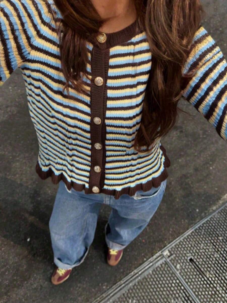 SEREN Women's New Versatile Casual Street Style Contrast Color Stripe Cardigan