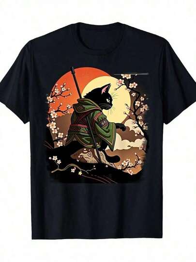 Camiseta de impresión de gato samurái japonés y flor de cerezo para hombres y mujeres - Camiseta gráfica de manga corta 100% cuello redondo con diseño de gato samurái, kimono japonés y flor de cerezo - Ropa casual unisex para uso diario, fiestas temáticas y convenciones de anime - Ajuste cómodo para todas las estaciones - Camiseta negra de estilo japonés con gato, kimono e impresión de flor de cerezo, tela de elasticidad media, cuello redondo, ajuste regular para uso en playa y festivales, camiseta gráfica para hombres, camiseta gráfica para hombres, camiseta gráfica para hombres, camiseta gráfica vintage, sudadera con capucha de algodón pesado 100% para hombres