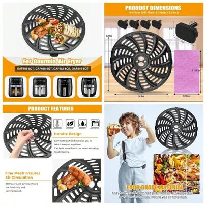 Fryer Parts Gourmia GAF686 GAF698 Fryer, Oval Nonstick 9.3''*8.9'' Fryer Accessories Grill Pan Grill Plate Crisper Plate Basket Tray Rack with Rubber Bumpers