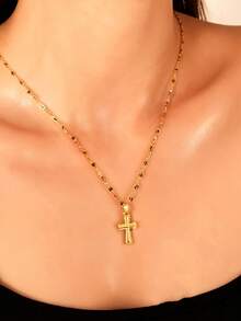 1 pièce Collier pendentif croix, style classique hip hop décontracté en acier inoxydable, utilisé pour les cadeaux d'Halloween, Noël, Pâques, accessoires de bijoux polyvalents pour un usage quotidien - Doré - Voir 1