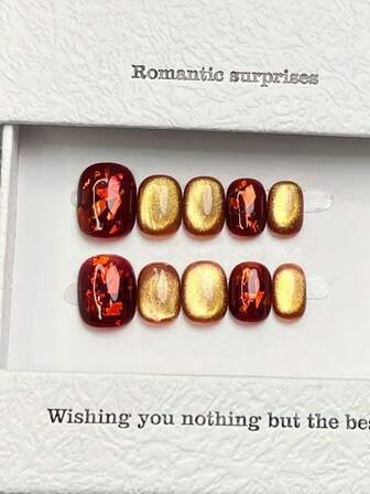 10 st handgjorda naglar runda naglar akryl press-on naglar korta, minimalism guld, röda naglar, flashiga guld cateye naglar, guldfolie, lyxiga enkla eleganta handgjorda höst press-on naglar, modern stil, mångsidiga naglar gör-det-själv lösnagelkonst fest dagligen och dejting användning strand tropisk semester lämplig återanvändbar, för kvinnor och flickor som present nageltillbehör