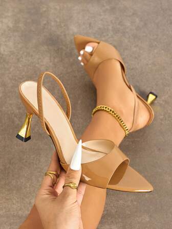 Women's High Heel Shoes, Fashionable Colorblock Design With Champagne Glass Heel, Pointed Toe, Soft Mirrored Material, Ankle Strap, Elegant And Comfortable, Suitable For Any Formal Occasion, Versatile Dress Sandals
