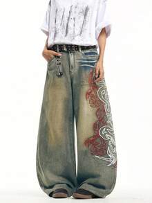 1pc Hong Kong Style High Street 3D Embroidered Floral Fashion Versatile Men's Washed Loose Wide Leg Jeans (Product Does Not Include Belt And Accessories) - Blue - View 4