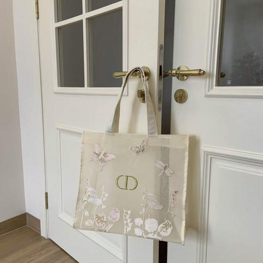 Christian Dior 网眼蝴蝶刺绣手提包，大容量，多功能，单肩包，休闲旅行手提包 - 米色 - 查看 1