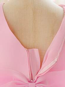 Vestido de princesa con cola para niñas pequeñas, de unicolor, cuello redondo, espalda con lazo de mariposa de organza, adecuado para niña de las flores, boda, salida - Rosa - Ver 9