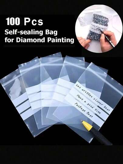 100 piezas Juego de bolsas de almacenamiento para pintura de diamantes - Transparente, con cierre automático, escribible, adecuado para cuentas y accesorios de bordado
