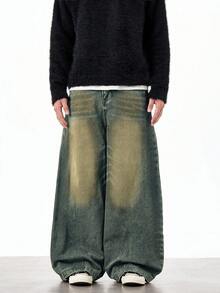 Blugi boyfriend vintage spălați, croială lejeră, cu picior larg, stil unisex casual și versatil, 1 buc.