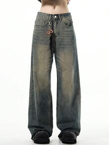 1 buc. Blugi casual pentru bărbați, la modă, largi, vintage, spălați, cu picior larg