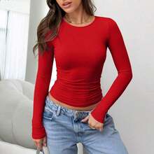 Elegant & Versatile Women Plain Crew Neck Long Sleeve Ruched Fitted Slim Fit T-Shirt,Suitable For Summer And Autumn/Winter Seasons - 紅色 - 查看 2
