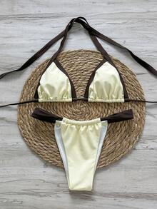 两件套几何图案和热带花卉印花休闲、可爱、优雅、性感波西米亚风系带比基尼套装，女士沙滩度假泳装，春夏款 - 黃色 - 查看 1