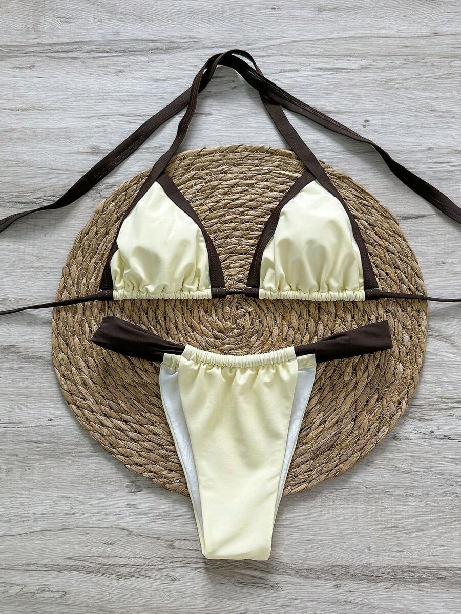 两件套几何图案和热带花卉印花休闲、可爱、优雅、性感波西米亚风系带比基尼套装，女士沙滩度假泳装，春夏款 - 黃色 - 查看 1