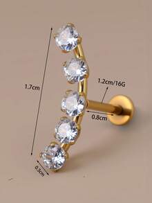 1pc Fashionable Shiny Elegant Stainless Steel 3 Crystal Zirconia Ear Cartilage Piercing Earrings, Flat Back Anti-Allergic Ear Studs, Earlobes Earrings, Flat Lip Rings, Nose Rings, Girls Silver Ear Cuff Piercing Jewelry, Screw Back, Internal Thread, 16G - A Pair Of Flat-bottomed Curved  Stud Earrings - View 15