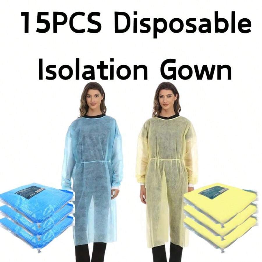 15 Disposable Isolation Gowns, Blue Or Yellow, With Woven Cuffs. For Household Cleaning, Kitchen Use, Moving, Interior Decorating, And Graffiti. Isolates Dirt And Protects Against Splashes. - Yellow - View 1