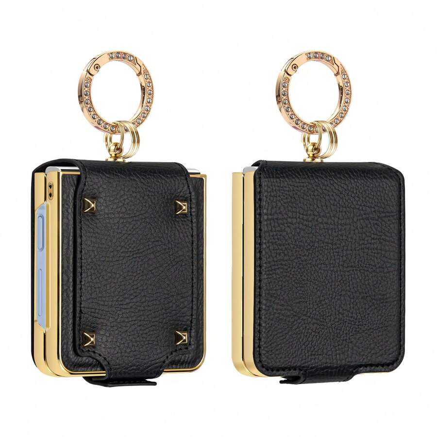 VIETAO Funda de teléfono móvil compatible con Samsung Galaxy Z Flip7 Flip6 Flip5 Flip4 Flip3 con soporte y anillo de dedo, de piel sintética con acabado electrolítico