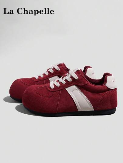 1 Pair La Chapelle Women's Casual Shoes, Soft Sole, Warm, Low-Top Sneakers, Flat Outdoor Commuter Shoes, Round Toe, Low Heel, Solid Color, Elegant Soft Bottom, Suitable For Students, Graduation Photos, Flat Leather Warm Shoes